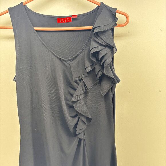 Elle Size Small Chest Ruffle LIttle Black Dress Midi Length Very Good Condition - Picture 2 of 4